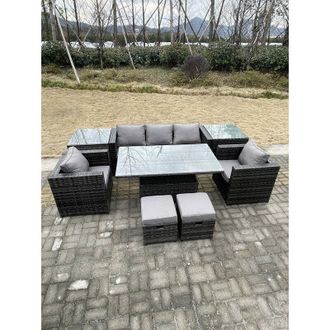 Fimous Fimous Rattan Garden Furniture Adjustable Rising Lifting Dining Table Sofa Set Chairs 2 Side Coffee Tables with 2 Stools