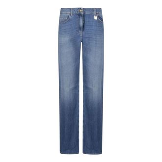 Elisabetta Franchi Straight Jeans, female, Blue, Size: W27 Palazzo Jeans with Logo Detail