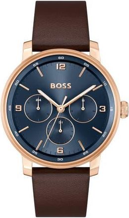 BOSS Contender Leather Strap Watch, 44mm in Blue Dial at Nordstrom Rack