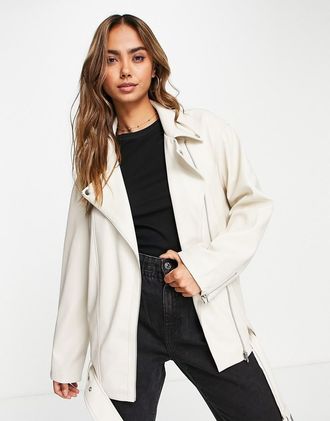 Asos ultimate faux leather biker jacket in cream-Brown