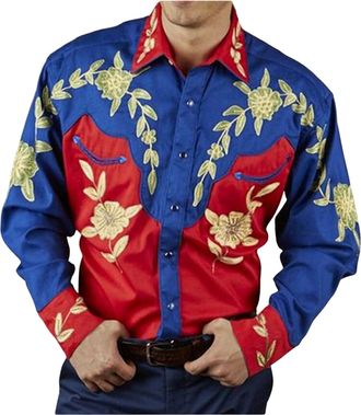 Generic Mens Casual Shirt Printed Long-Sleeved Western Cowboy Shirt Button Down Slim Fit Work Shirt Rose Red