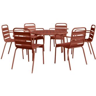 Vente-Unique Sala da pranzo da giardino tavolo tondo D.130cm e 6 poltrone impilabili Metallo Terracotta - MIRMANDE di MYLIA