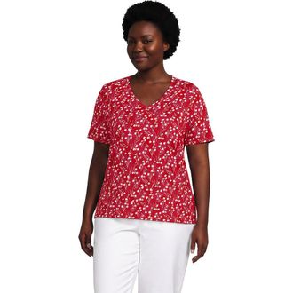 Lands End Supima Cotton V-neck T-Shirt in Compass Red Wispy Floral at Nordstrom, Size 1X
