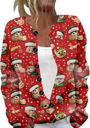 Generic Womens Cardigans Christmas Bears Print Cardigan Sweaters for Fall Button Down Knitted Coats Vintage Cable-Knit Sweater Lightweight Womens Cardigan Par