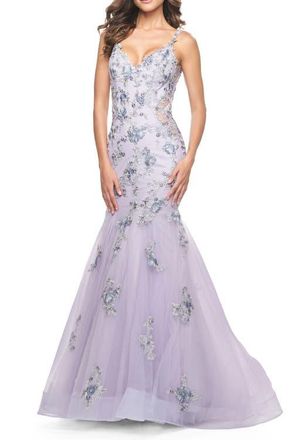 La Femme Mermaid Gown with Two Tone Lace Appliques in Lavender Gray at Nordstrom, Size 12