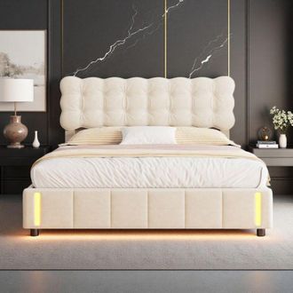 OEM Cama Doble 160x200 - Somier Reforzado - Cofre De Almacenamiento - Iluminaci&oacute;n Inteligente - Terciopelo Beige