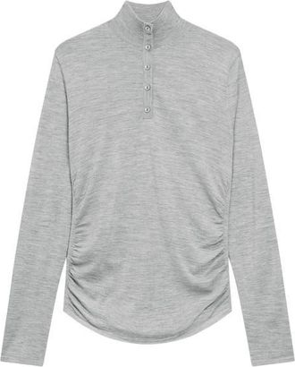 Theory Shirred Mock Neck Merino Wool Top in Light Heather Grey at Nordstrom, Size Petite