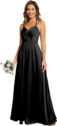 Ever-pretty Maxi Sleeveless Backless Lace-Up A-Line Satin Bridesmaid Dress Black 14UK