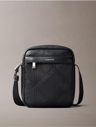 Calvin Klein Mens Allover Embossed Emblem Logo Reporter Bag - Black