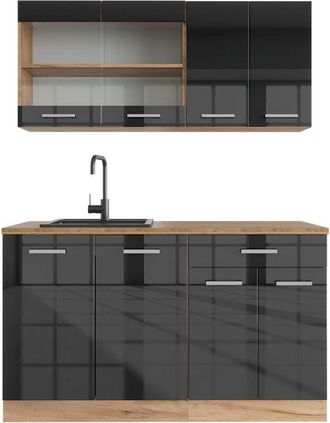 Vicco Cucina monoblocco R-Line, Antracite lucido/oro power oak, 140 cm, pl Rovere