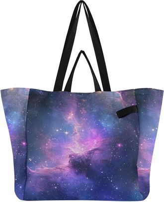 Generic Blue Star Space print Reusable Canvas Tote Bag, Heavy Duty Grocery Shopping Bag with Hard Bottom Large Capacity Double Handles Work Groceries Travel