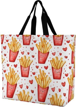 Generic Cute French Fries With Hearts Tote Bag Reusable Grocery Shopping Bags Large Travel One Shoulder Handbag for Picnic Work