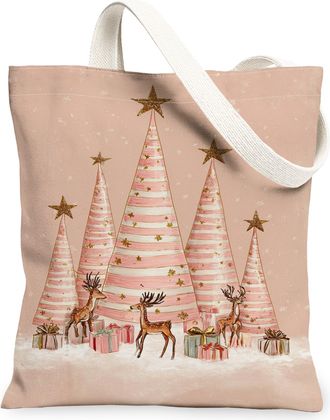 Generic Christmas Trees Canvas Tote Bags, Holiday Reusable Grocery Bags, Vintage Festive Lightweight Washable Shoulder Strap Canvas, Peach, 13x15 Inch