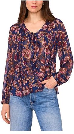 Vince Camuto Long Sleeve V-Neck with Centerfront Ruffle Womens Clothing Deep Sky : SM, Polyester