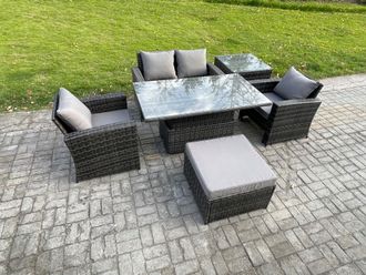 Fimous Outdoor Garden Dining Sets 5 Seater Rattan Patio Furniture Sofa Set with Rising Lifting Table Side Table in Dark Grey