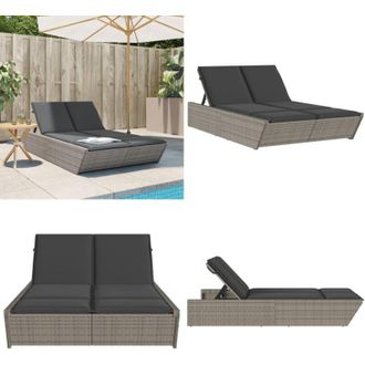 vidaXL Lettino Prendisole Doppio con Cuscini Grigio in Polyrattan - Cuscini per seduta - Lettino da giardino