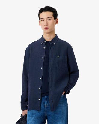 Lacoste Mens Long Sleeve Shirt in Dark Blue Linen - Size X-Large