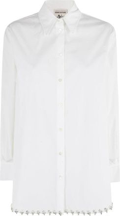 Semicouture Button-Up Shirt With Classic Collar And Rhinestone Hem