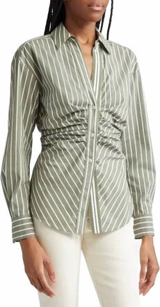 Veronica Beard Devra Ruched Button-Down Shirt In Stone Army/white