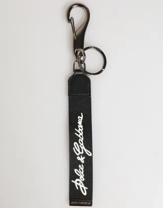 Dolce & Gabbana Black White Polyester Dg Logo Silver Men Keychain Keyring Real Brass Calfskin Accessory