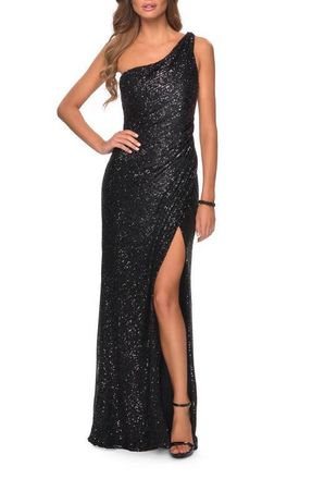 La Femme Long Sequin One Shoulder Ruched Prom Dress in Black at Nordstrom, Size 14