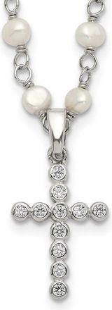 Diamond2Deal Sterling Silver 5mm White Freshwater Cultured Pearl and CZ Cross Necklace 21