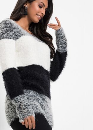 Bonprix Strickpullover BONPRIX Grobstrick-Pullover, Damen, Gr. 52/54 (XXL), schwarz (schwarz, wei&szlig; gestreift), Obermaterial: 60% Polyacryl, 40% Polyamid, bequ