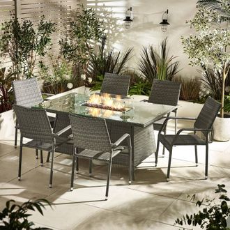 Furniturebox Marbella 6 Seat Rattan Firepit Table Garden Dining Set in Grey
