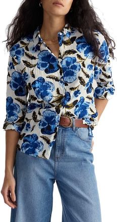 Seasalt Cornwall Larissa Crinkled Floral Organic Cotton Button-Up Shirt in Spring Pansy Chalk at Nordstrom, Size 12 Us