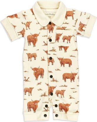 LOvedbaby Print Organic Cotton Romper in Highland Cow at Nordstrom, Size 12-18M