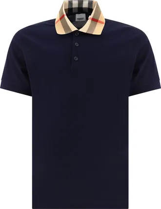 Burberry Cotton Polo Shirt With Check Collar Polo Shirts Blue