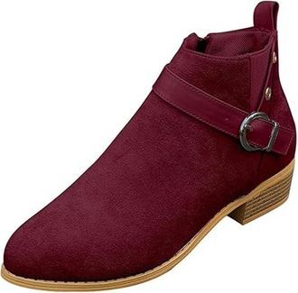 Generic Ankle Boots for Women, Faux Suede Low Block Heel Buckle Strap Round Toe Ankle Short Boots, Comfortable Dress Office Side Zipper Shoes (Burgundy,6.5)