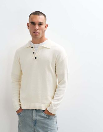 Capo polo in maglia premium a maniche lunghe color crema-Bianco