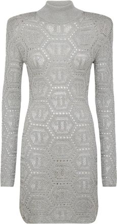 Philipp Plein Lurex Mini-jurk met Gevulde Schouders Hexagon - Dames - Feestkleedjes - Grijs - XL - Polyester - Kleedjes