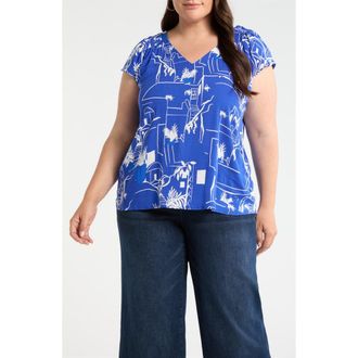 Sugarlips Town Print Smocked Top in White/Blue Multi at Nordstrom, Size 3 X