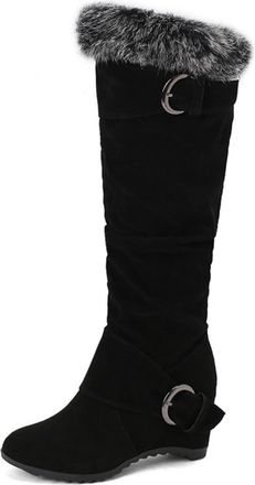 Generic Womens Wedge High Heel Winter Boots Faux Suede Knee High Boots with Buckle Pull on Slouch Long Boot,Black,2.5 UK
