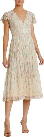 Mac Duggal Embroidered V Neck Cap Sleeve Midi Dress in Beige Multi at Nordstrom, Size 12