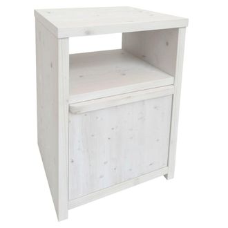 NATYAL Mesita de noche de madera maciza caj&oacute;n y balda blanco envejecido 40cm