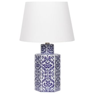 Beliani L&aacute;mpara De Mesa Cl&aacute;sica Con Pantalla De Tela De Lino Blanco Y Base De Porcelana Azul 52 Cm Marcelin