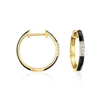 Ross-Simons Black Enamel and Diamond Hoop Earrings in 18kt Gold Over Sterling