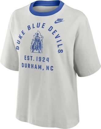 Nike Duke Legacy Arch Script Boxy Nike Womens College T-Shirt in Grey | 01CM0DJADUV-5GU