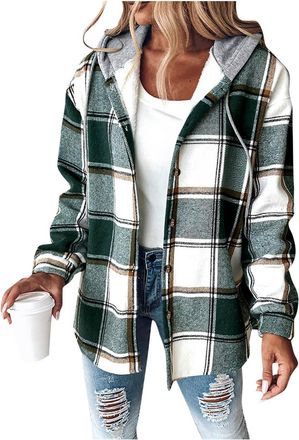 Generic Keepink Winter Jackets for Women UK Ladies Hooded Tweed Coat Checked Flannel Plaid Shacket Thick Lined Fleece Sweatshirt Button Front Cardigans Winter