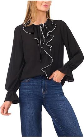 CeCe by Cynthia Steffe Long Sleeve Button-Down Ruffle Top Womens Clothing Rich Black : MD, Polyester