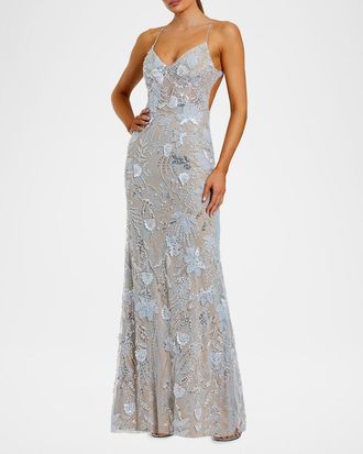 Mac Duggal Embellished Floral Lace Open Back Gown