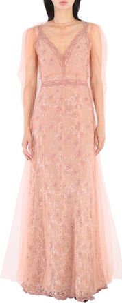 Burberry Floral-embroidered Puff-sleeve Dress In Dusty Pink, Brand Size 2 (US Size 0)