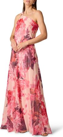 Aidan Mattox Print One-Shoulder Chiffon Gown in Pink Multi at Nordstrom, Size 10