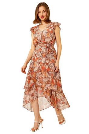 Roman Womens Snake Print Tiered Midi Dress - Stone - Size 12 UK