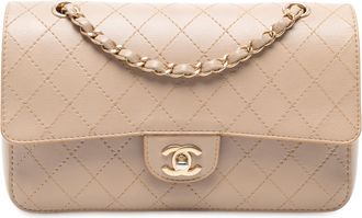 Chanel Pre-owned Womens Medium Classic Calfskin Wild Stitch Double Flap - Tan Leather - One Size