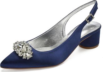 Generic Wedding Shoes Womens Low Heels Pointed Toe Bridal Heels Comfortable Satin Chunky Heels Prom Party Dress Shoes 4.5Cm,Dark Blue,4 UK