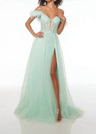 Alyce Paris Long Chiffon Strapless Rhinestone Gown In Lime